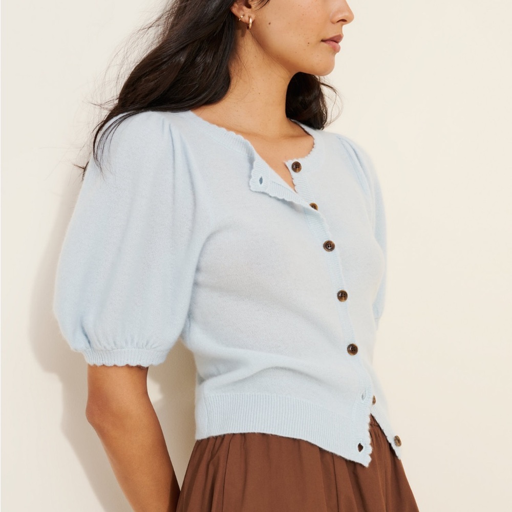 Maeve Light Blue Puff Sleeve Button Cardigan
